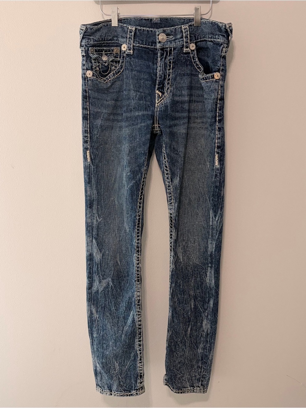 True Religion Men’s Size 34 Straight Leg Jeans Distressed Blue Wash